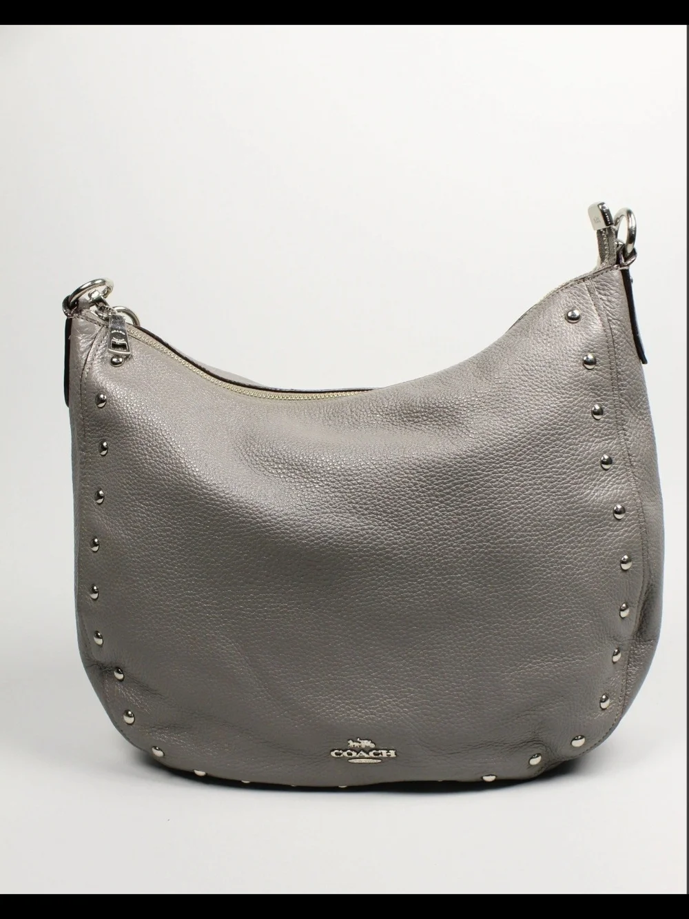 COACH Pebbled Leather Hobo Bag in Gray with Stud Accents